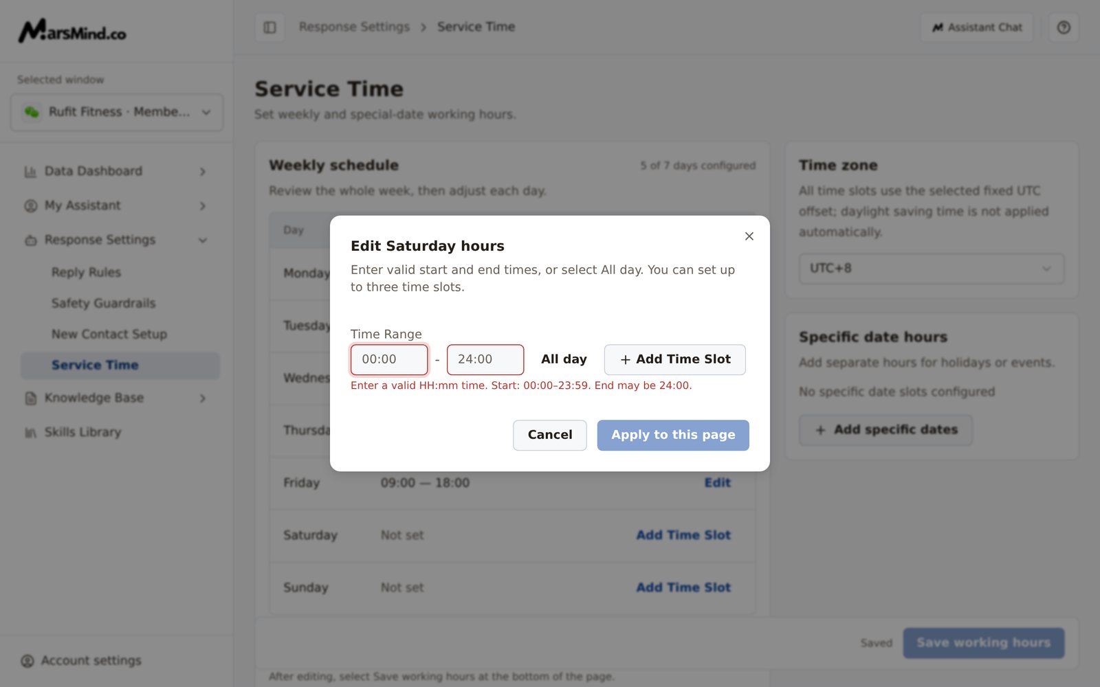 The "Edit Saturday hours" dialog: the red hint shown when Time Range is empty, plus "All day", "Add Time Slot", "Cancel", and "Apply to this page"