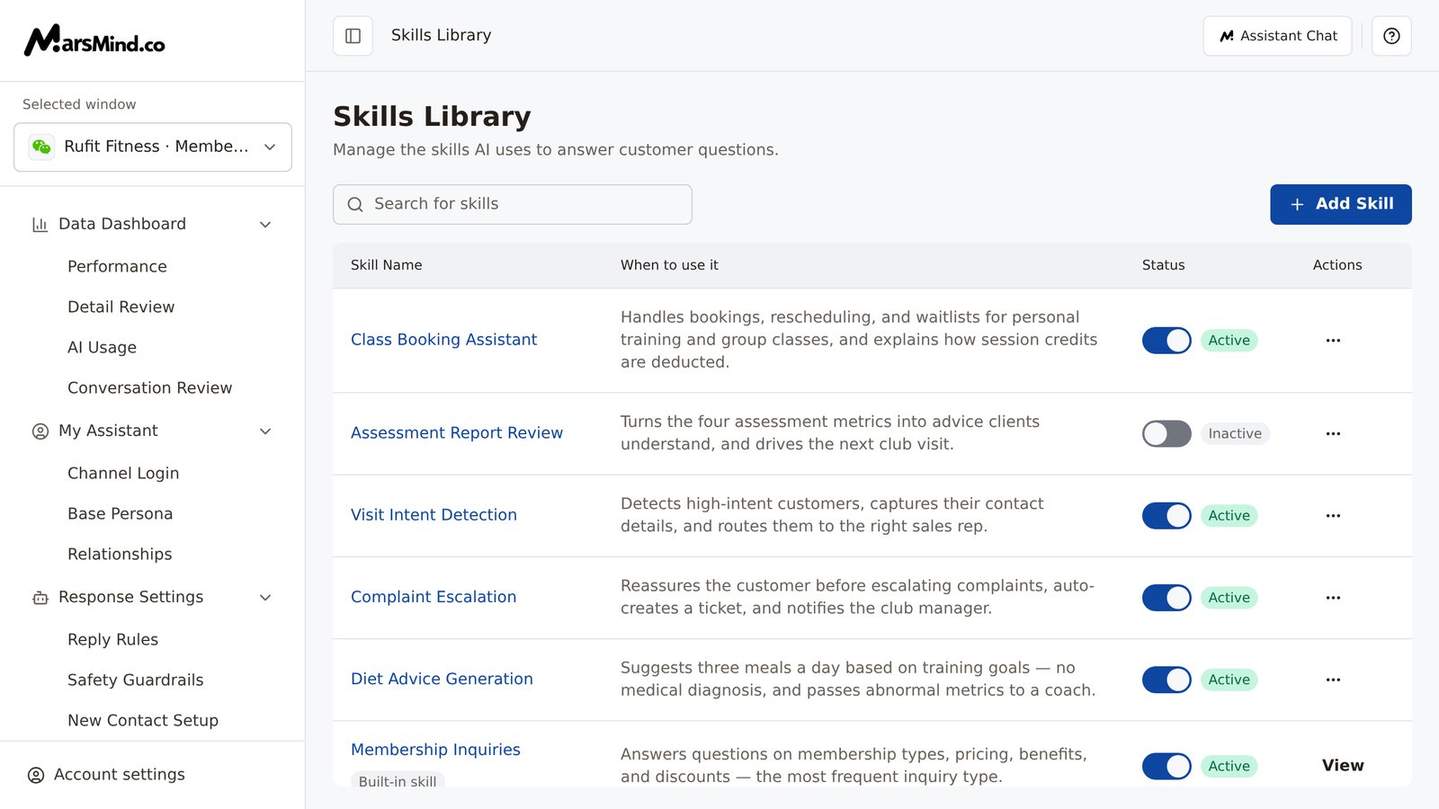 Skills Library list page: the top has the "Search for skills" input and the "Add Skill" button; the table below lists skills by "Skill Name", "When to use it", "Status", and "Actions", with a status toggle and row actions on each row