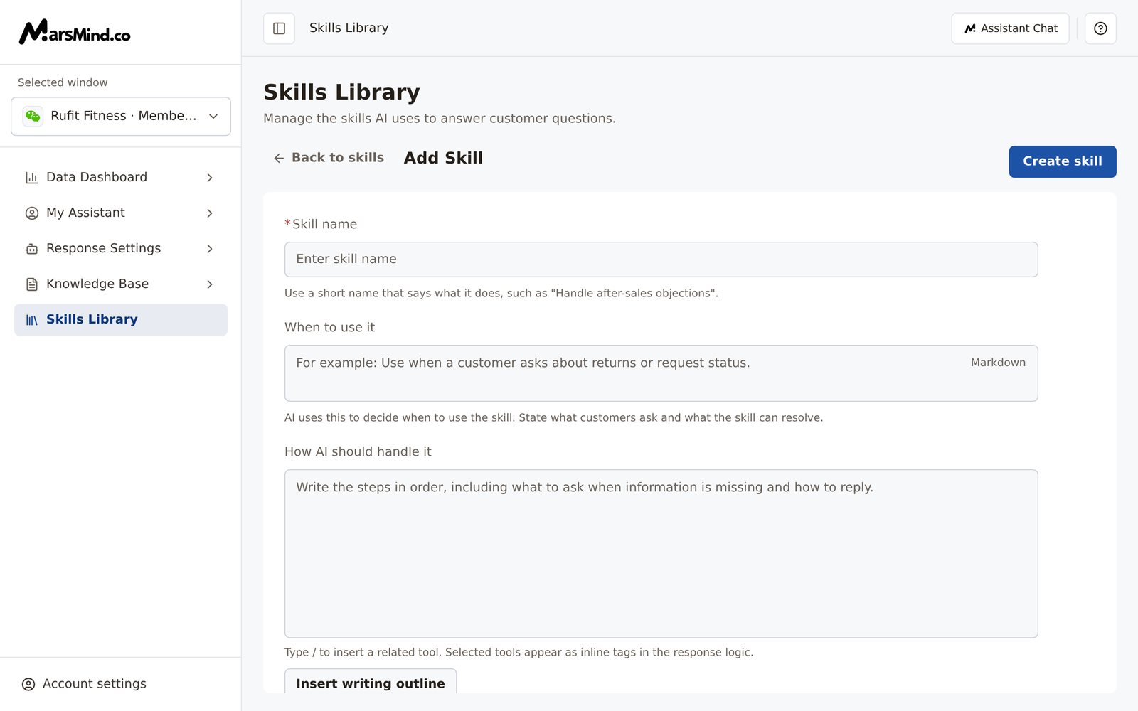 Add Skill editor page: the form includes fields such as "Skill name", "When to use it", "How AI should handle it", and "Which conversations"; the "Create skill" button is at the top right