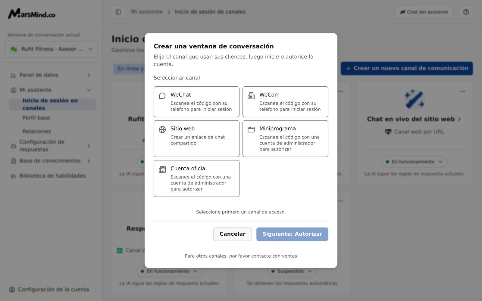 Ventana «Crear una ventana de conversación»: el área «Seleccionar canal» lista las cinco opciones WeChat, WeCom, Sitio web, Miniprograma y Cuenta oficial