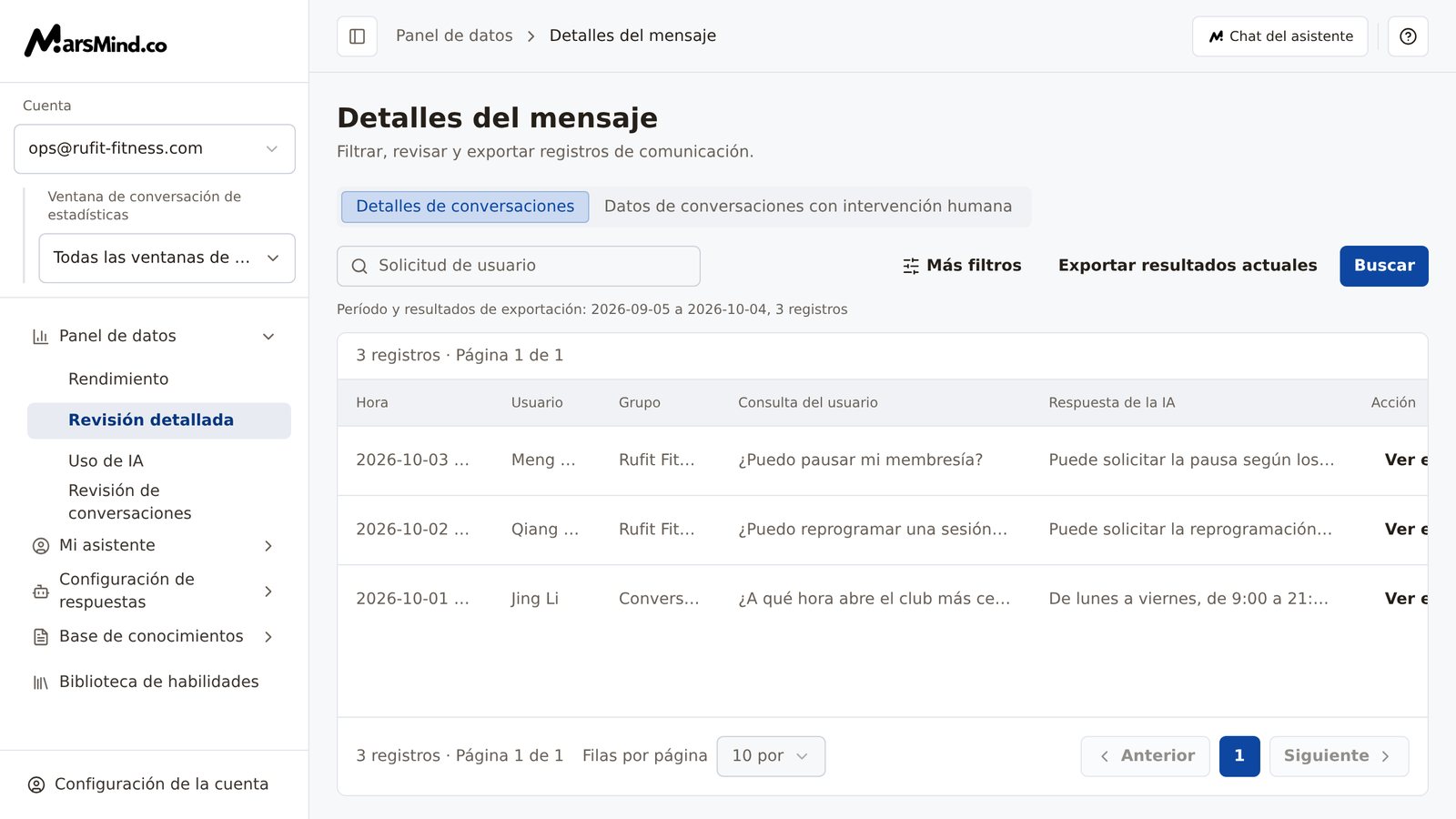 Página completa de «Revisión detallada»: arriba, las pestañas «Detalles de conversaciones» y «Datos de conversaciones con intervención humana»; la barra de herramientas incluye el cuadro de búsqueda y los botones «Más filtros», «Exportar resultados actuales» y «Buscar»; las columnas de la tabla son Hora, Usuario, Grupo, Consulta del usuario, Respuesta de la IA y Acción; a la izquierda, el selector de la ventana de conversación de estadísticas
