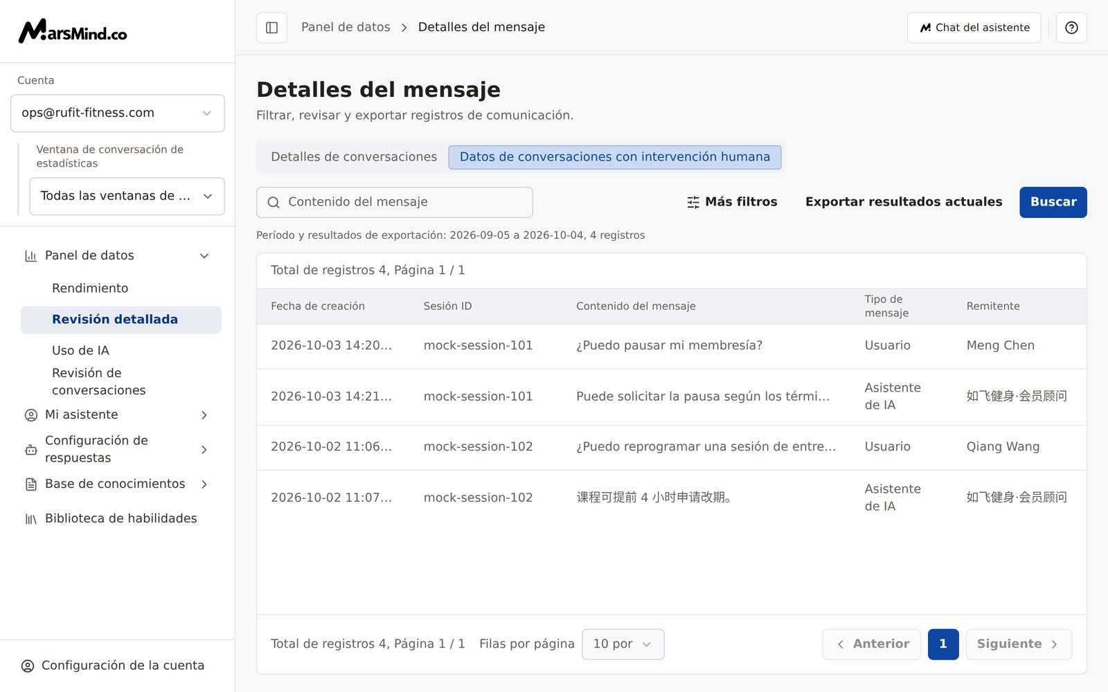 Pestaña «Datos de conversaciones con intervención humana»: la barra de filtros es Fecha, Sesión ID y Tipo de mensaje; las columnas son Fecha de creación, Sesión ID, Contenido del mensaje, Tipo de mensaje y Remitente