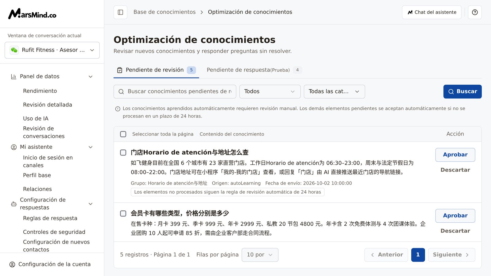 Página «Optimización de conocimientos», vista «Pendiente de revisión»: arriba, el cuadro de búsqueda y los filtros «Todos» (origen) y «Todas las categorías»; la lista muestra por filas el título, el cuerpo, el grupo, el origen y la fecha de envío de cada conocimiento pendiente, con las acciones «Aprobar» y «Descartar» a la derecha