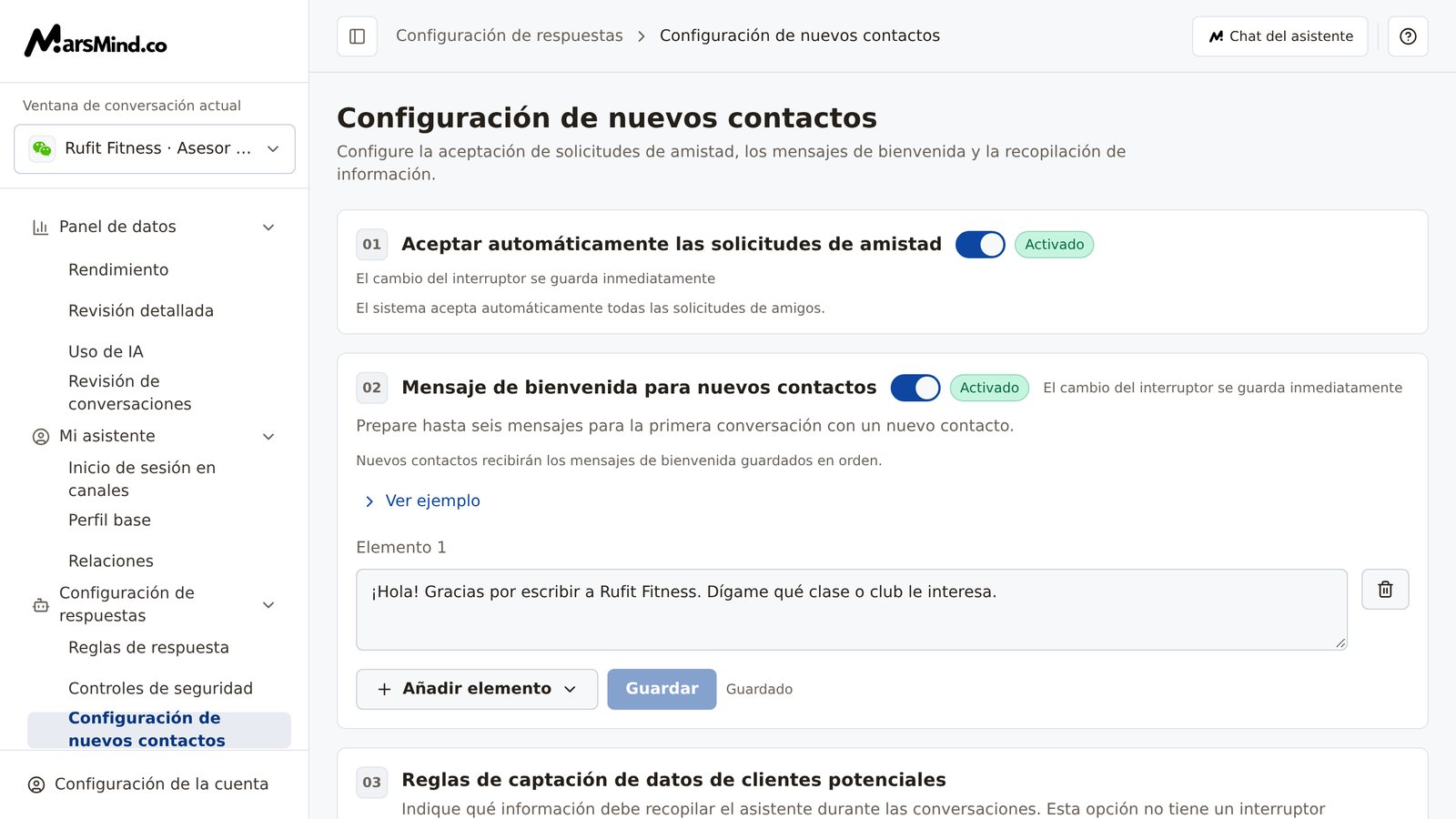 Página «Configuración de nuevos contactos»: arriba están el título y la descripción; a la izquierda, «Ventana de conversación actual»; a la derecha, de arriba abajo, las tres tarjetas 01 Aceptar automáticamente las solicitudes de amistad, 02 Mensaje de bienvenida para nuevos contactos y 03 Reglas de captación de datos de clientes potenciales