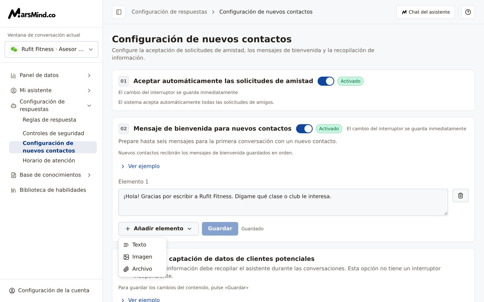 Menú desplegable que se abre al pulsar «Añadir elemento» en la tarjeta «Mensaje de bienvenida para nuevos contactos», con las opciones «Texto», «Imagen» y «Archivo»