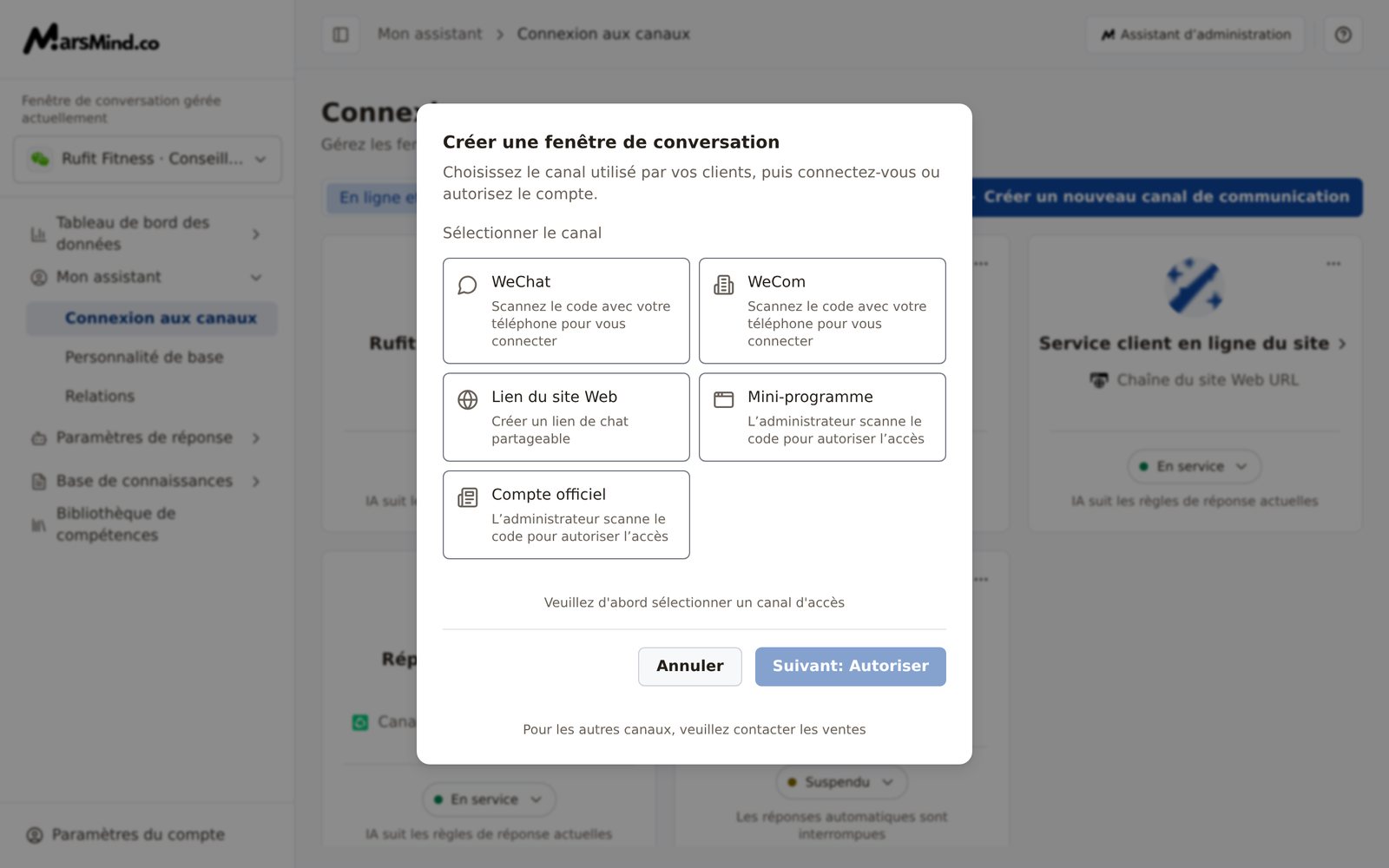 La fenêtre « Créer une fenêtre de conversation » : la zone « Sélectionner le canal » liste les cinq options WeChat, WeCom, Lien du site Web, Mini-programme et Compte officiel