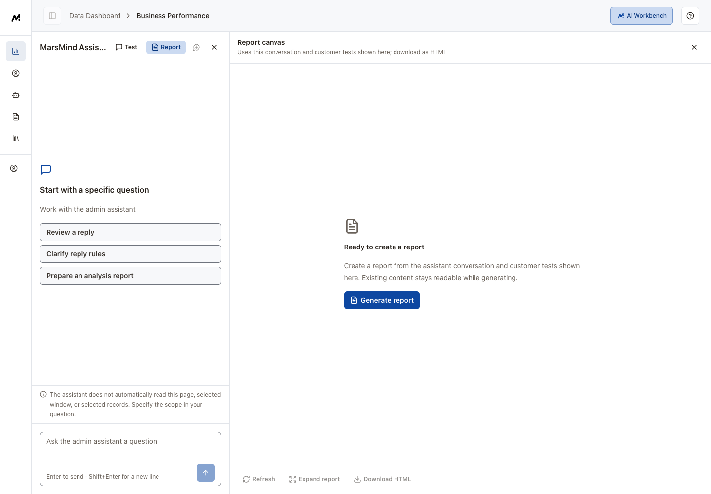 English report canvas: content, expanded reading and HTML download