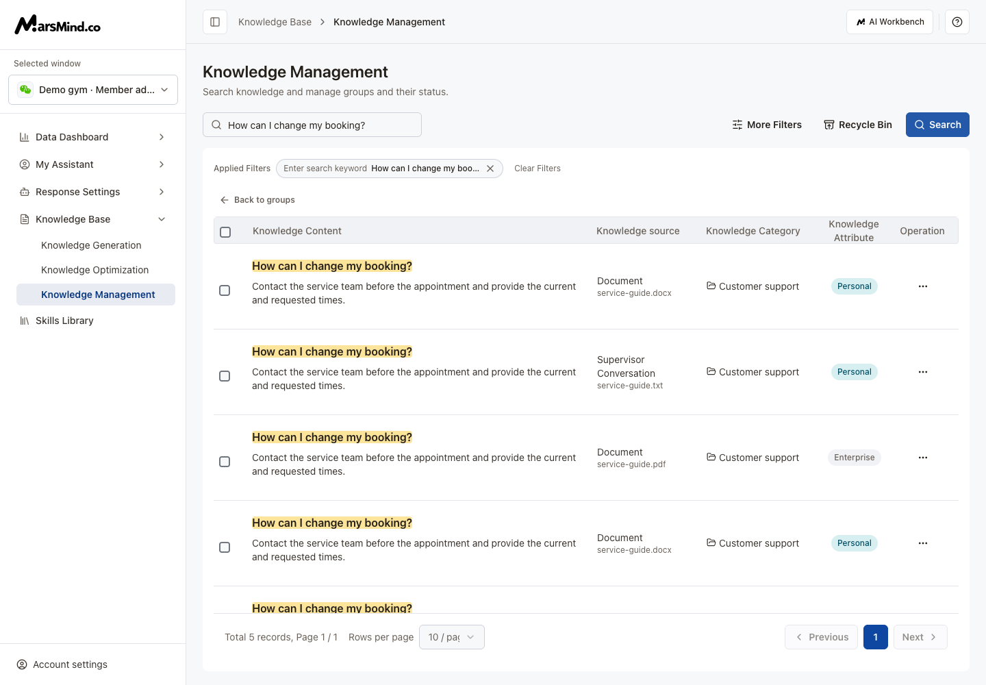 Knowledge Management showing stored knowledge search results