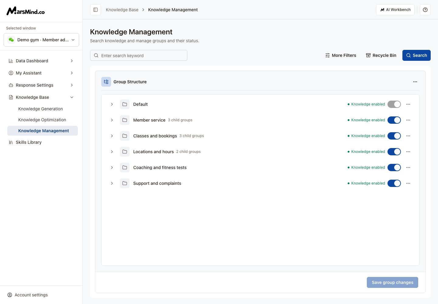 Knowledge group structure with names, enabled status, and row actions