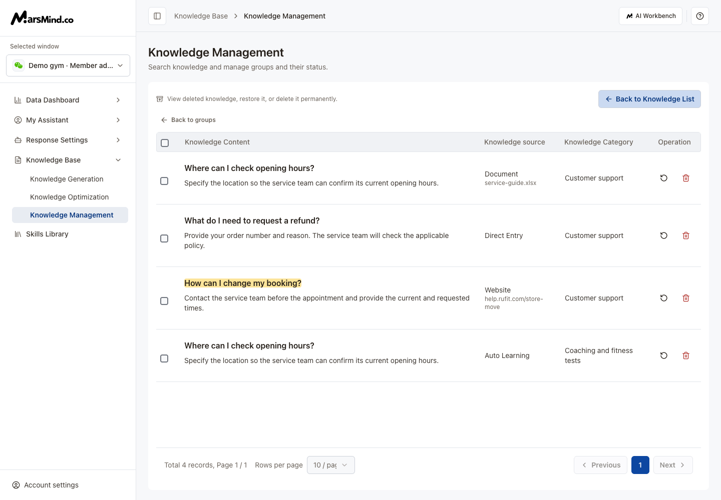 Knowledge recycle bin with restore and permanent-delete actions
