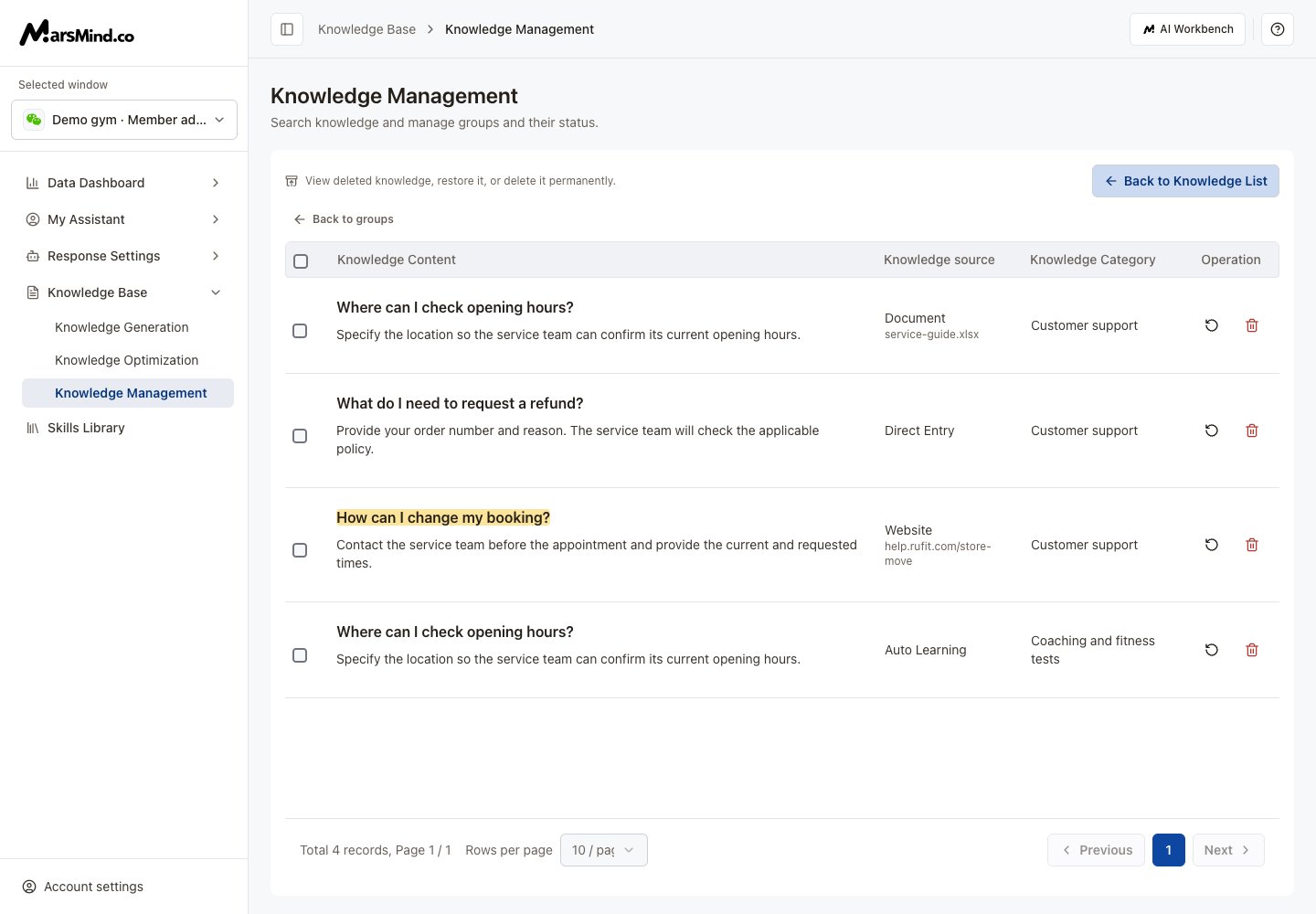 Knowledge recycle bin with restore and permanent-delete actions