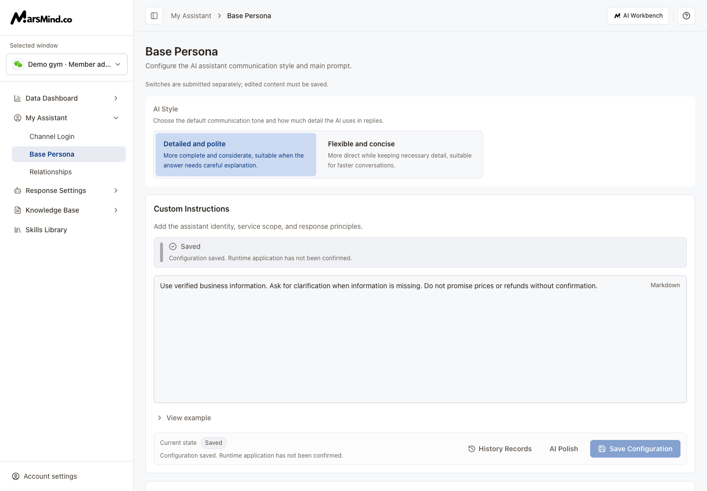 Base Persona: AI style, custom instructions, context settings, and derived prompts