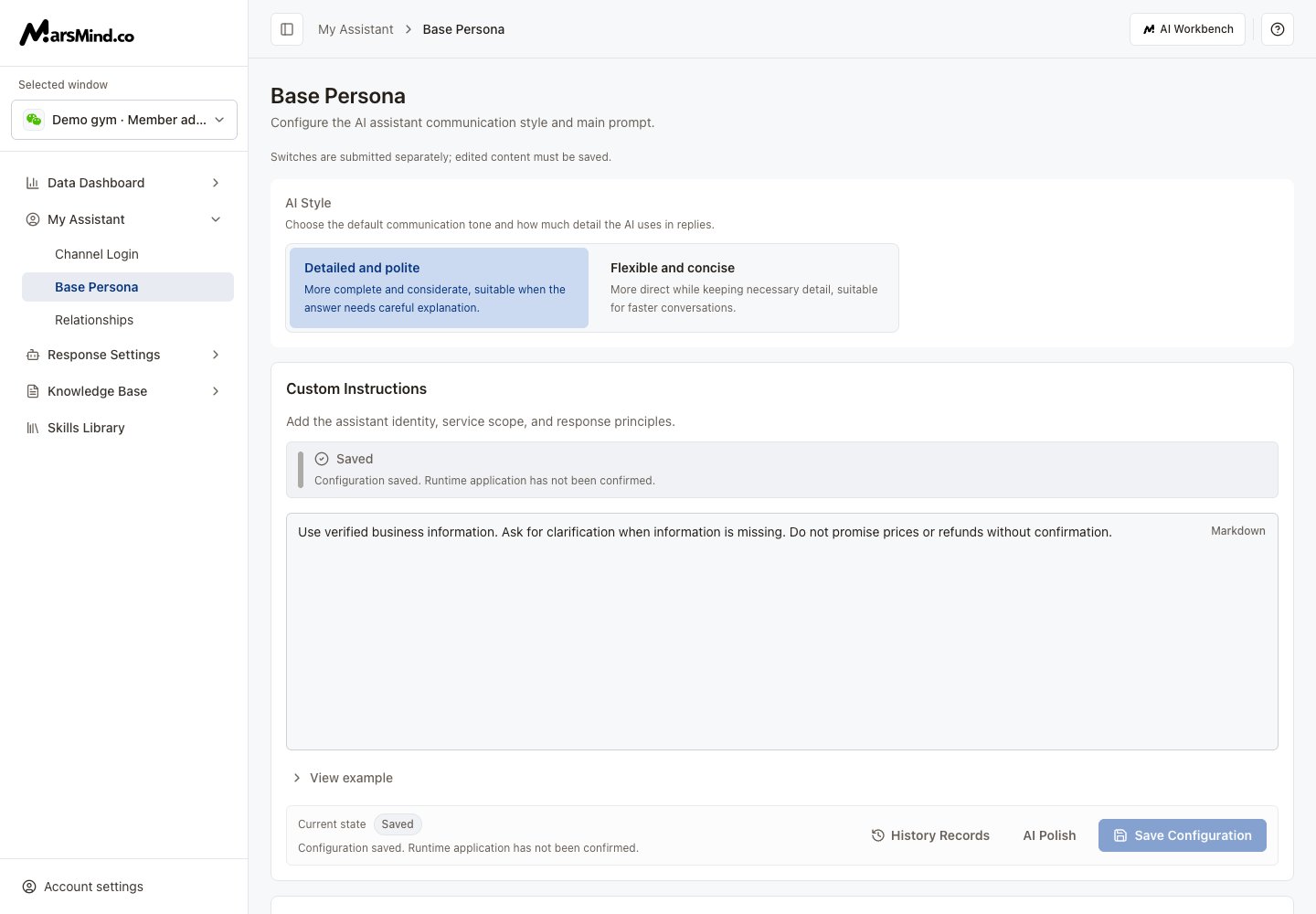 Base Persona: AI style, custom instructions, context settings, and derived prompts