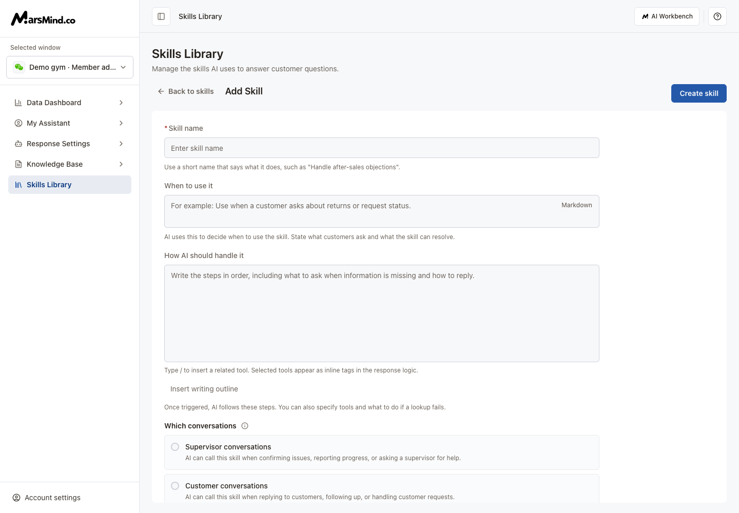 Create a skill: name, usage, AI steps, conversations, and tools