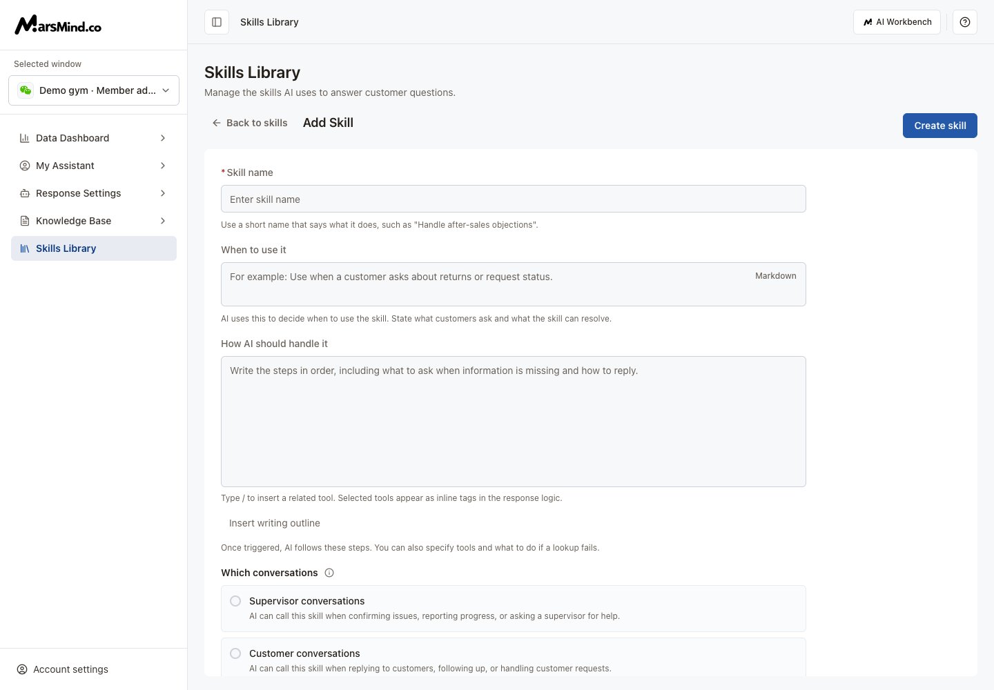 Create a skill: name, usage, AI steps, conversations, and tools