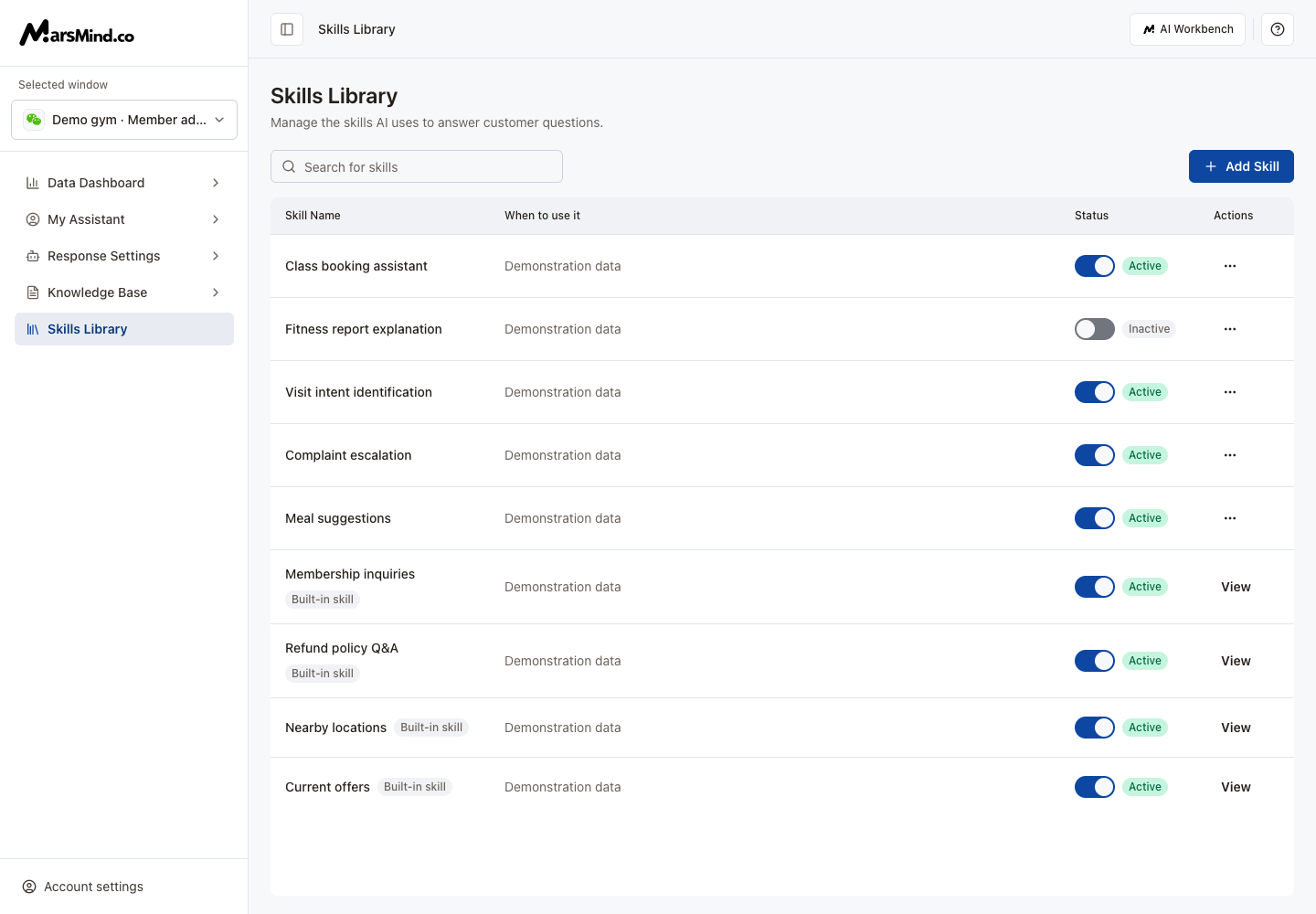 Skills Library: names, usage descriptions, status switches, and Add Skill