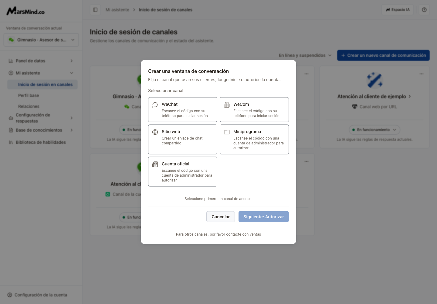 Crear canal: WeChat, WeCom, enlace web, miniprograma y cuenta oficial