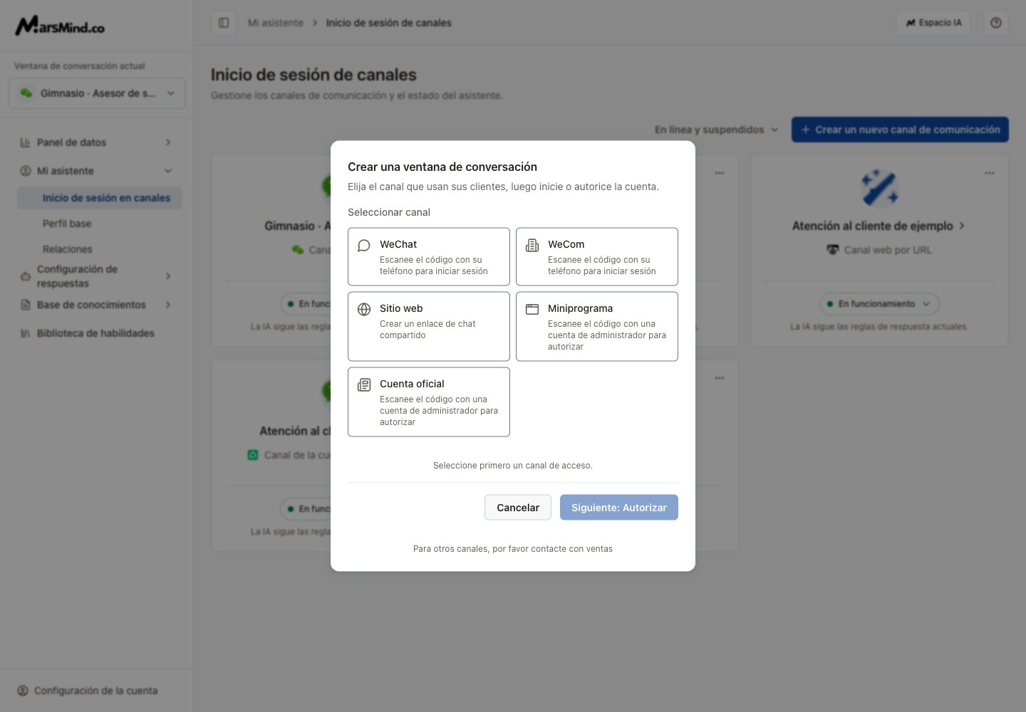 Crear canal: WeChat, WeCom, enlace web, miniprograma y cuenta oficial