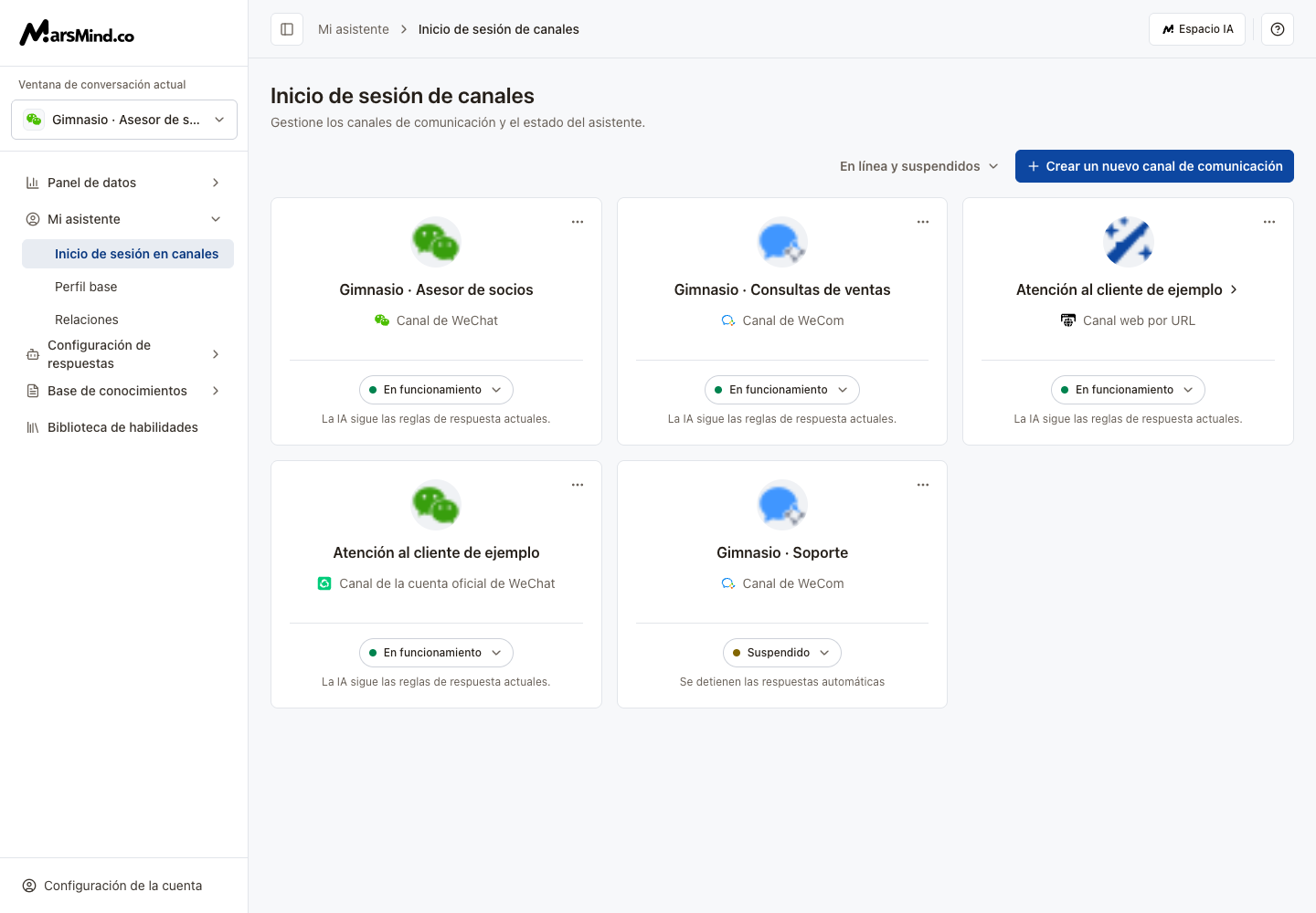 Inicio de sesión: tarjetas, filtro de estado y creación
