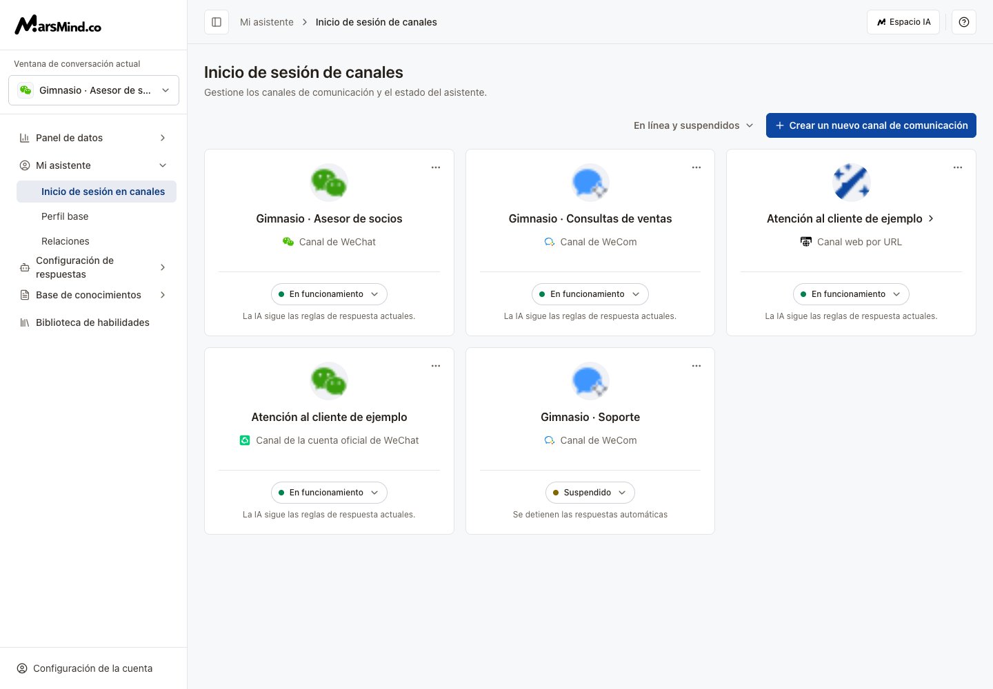 Inicio de sesión: tarjetas, filtro de estado y creación