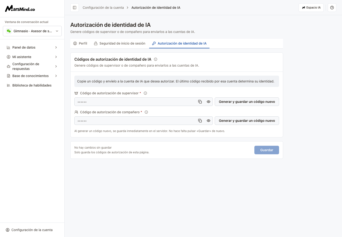 Identidad de IA en español: códigos de supervisor y compañero, copia y generación