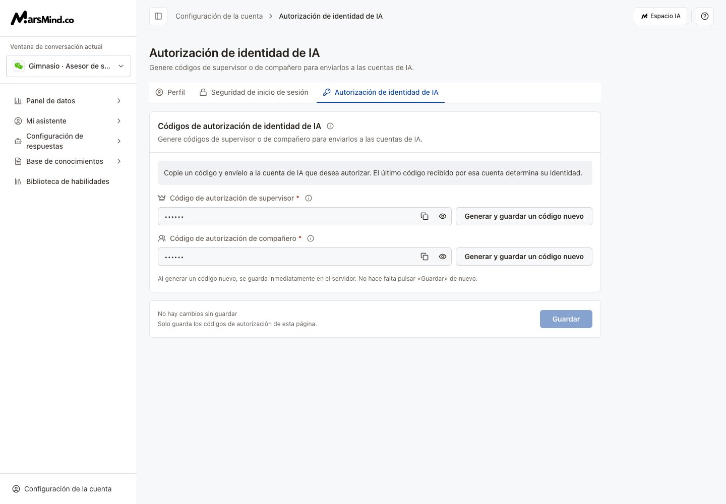 Identidad de IA en español: códigos de supervisor y compañero, copia y generación