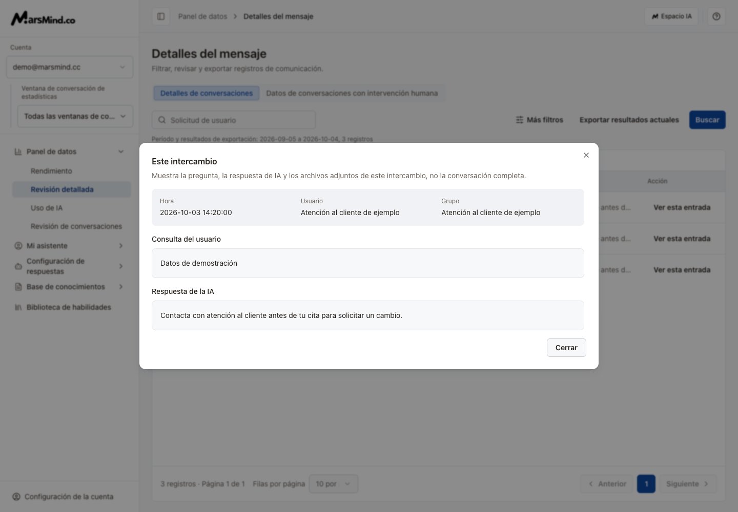 Detalle en español: esta consulta, su respuesta de IA y adjuntos