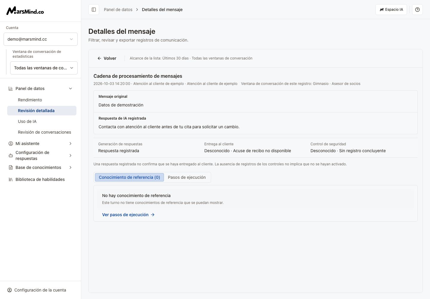 Conocimientos de referencia en español: este registro de demostración no devuelve conocimientos