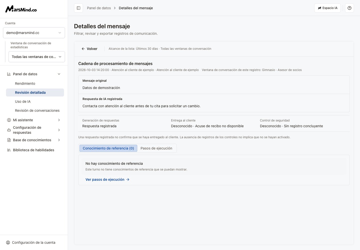 Conocimientos de referencia en español: este registro de demostración no devuelve conocimientos