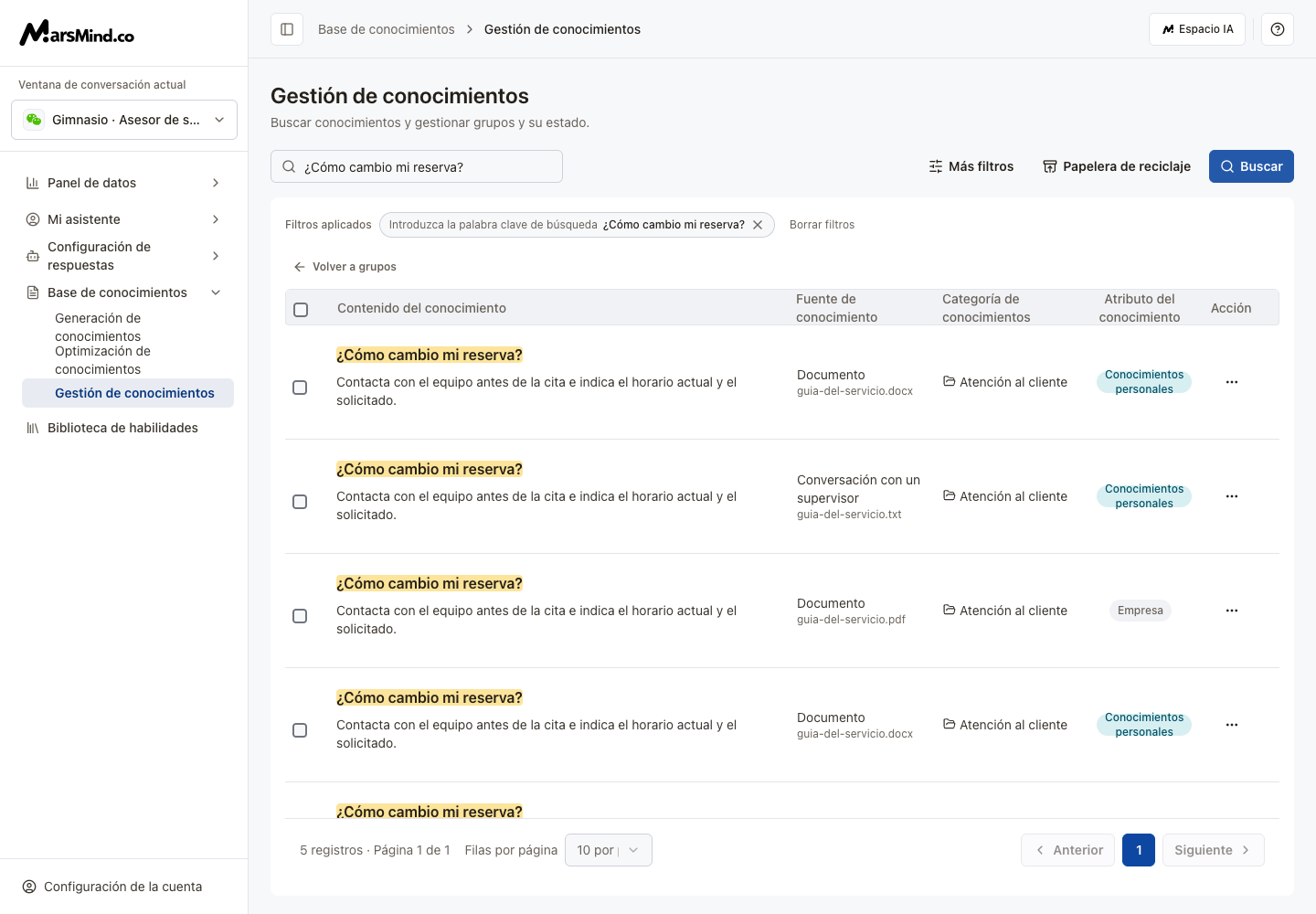 Gestión de conocimientos con resultados guardados de la búsqueda