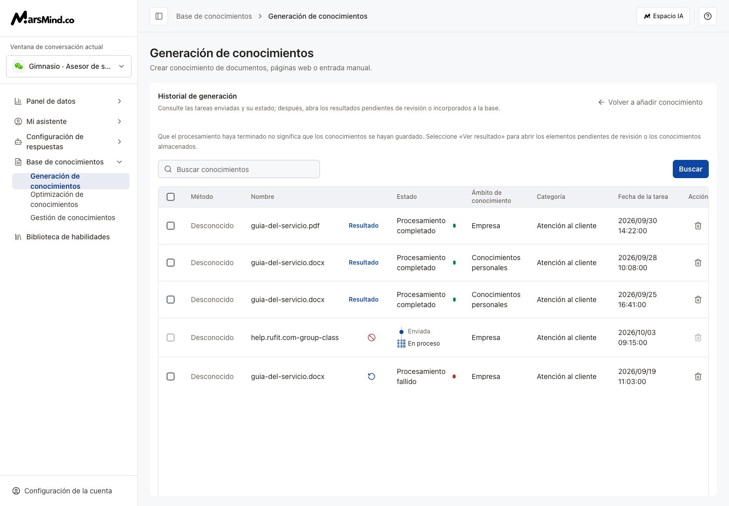 Historial con métodos, nombres, estados y resultados de las tareas