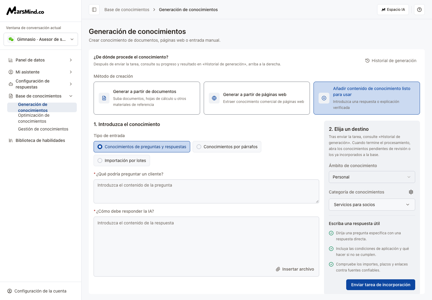 Incorporación de conocimientos con pregunta, respuesta y destino