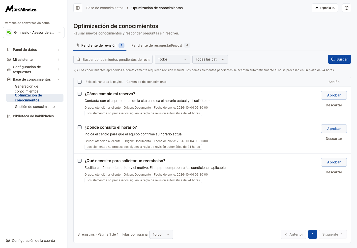 Revisión pendiente con búsqueda, filtros, contenido y acciones