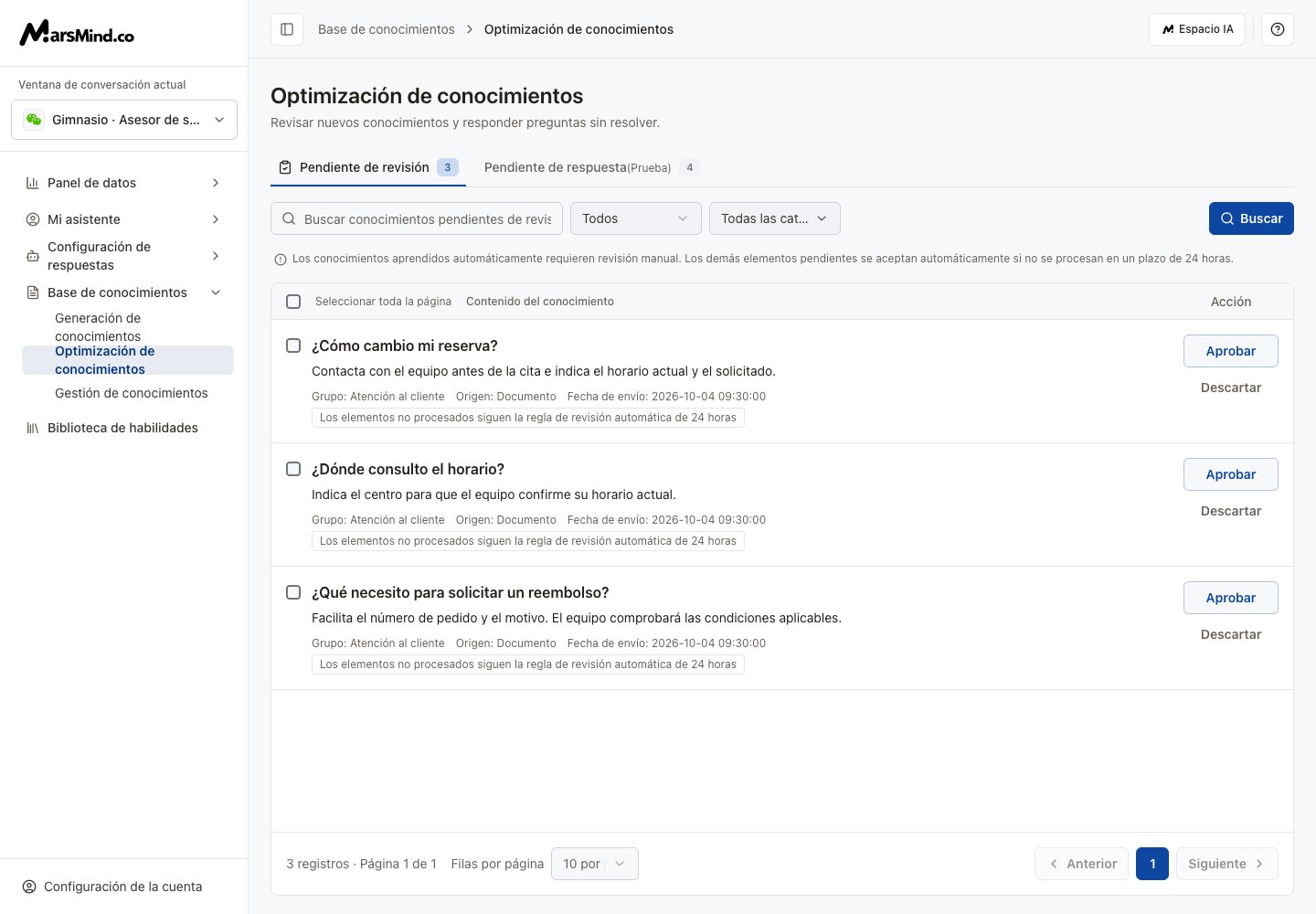 Revisión pendiente con búsqueda, filtros, contenido y acciones