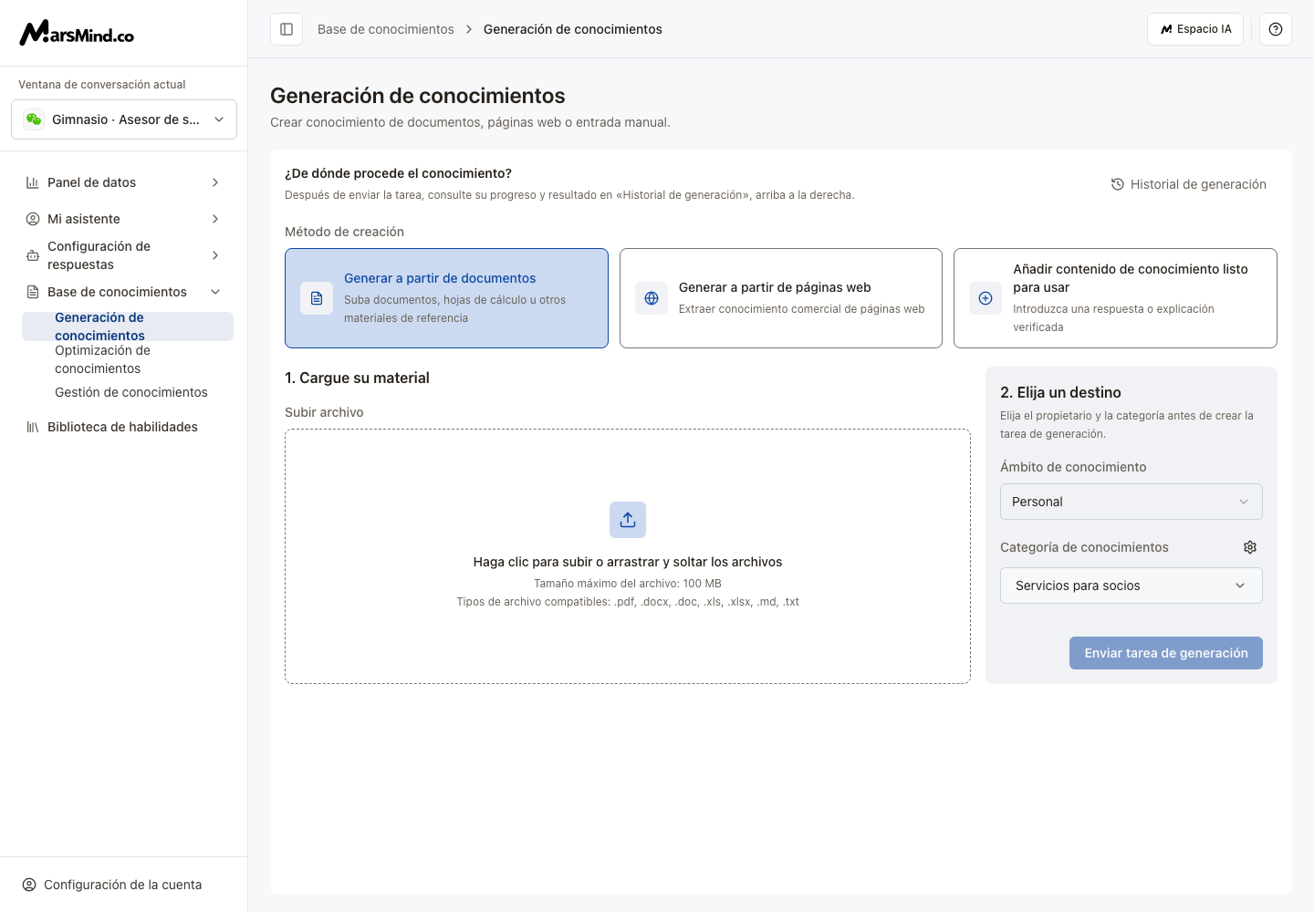 Generación desde documentos con carga de archivos y configuración del destino