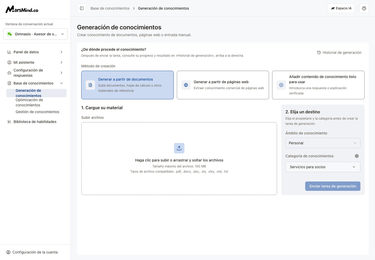 Generación desde documentos con carga de archivos y configuración del destino
