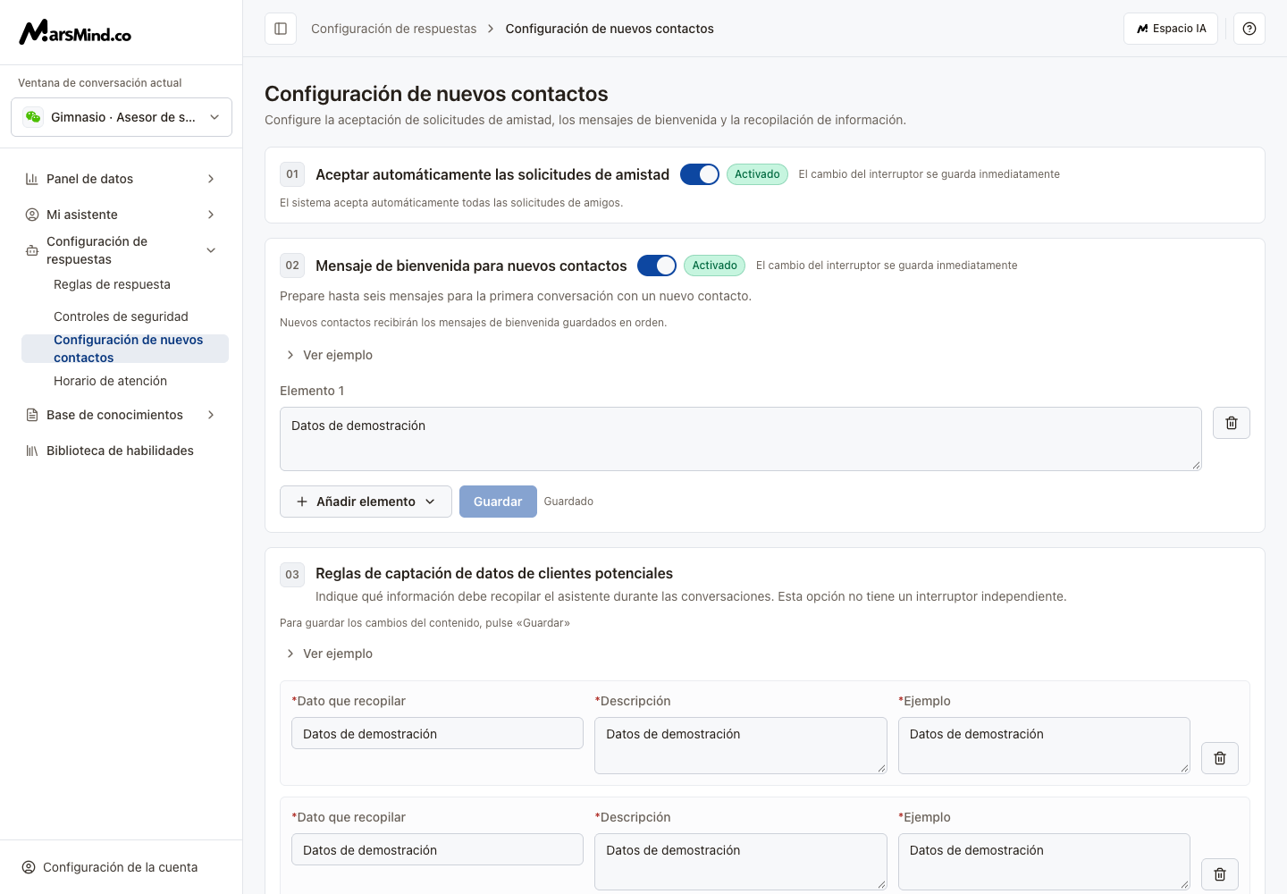 Nuevos contactos: solicitudes de amistad, bienvenida y recopilación