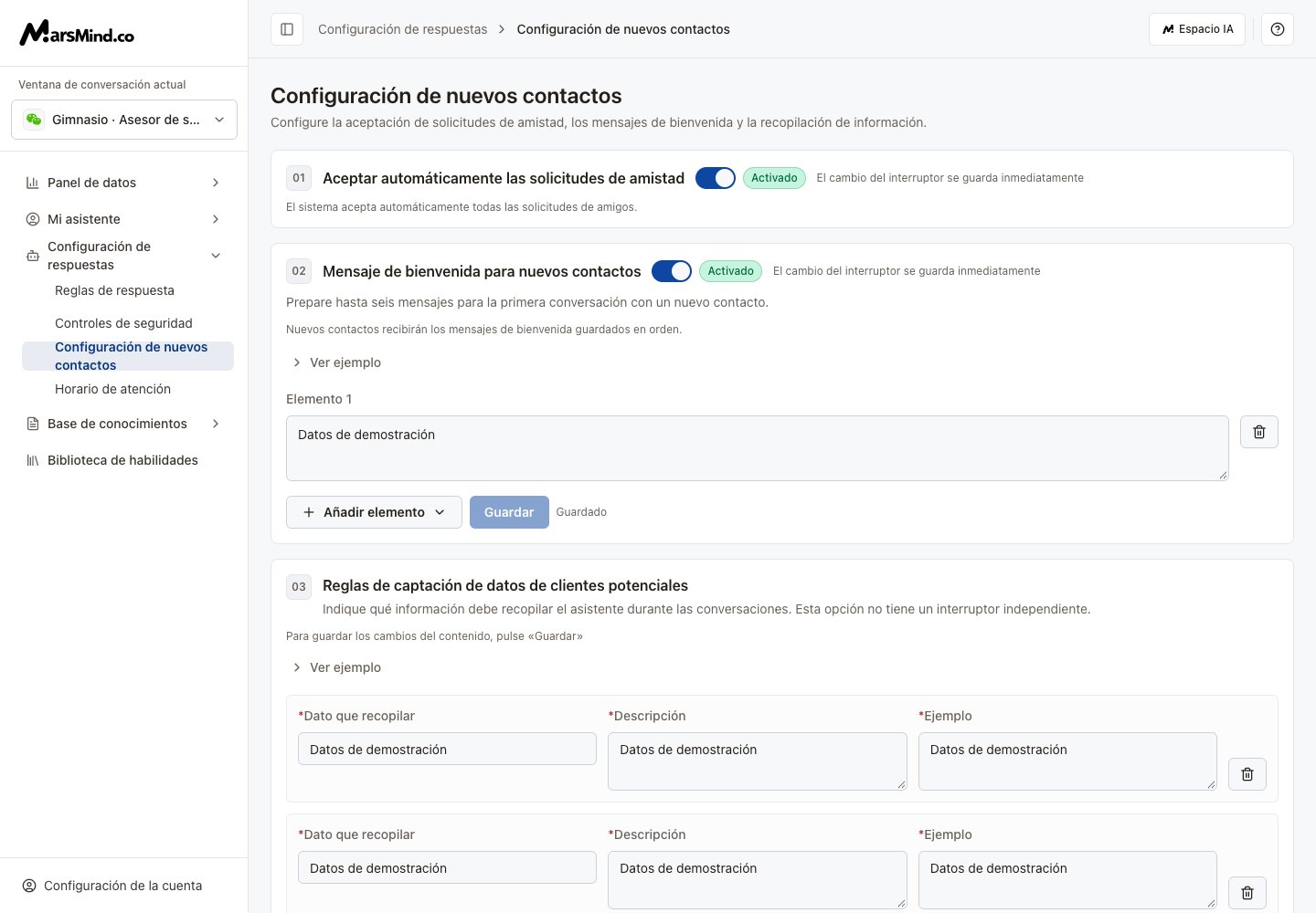 Nuevos contactos: solicitudes de amistad, bienvenida y recopilación