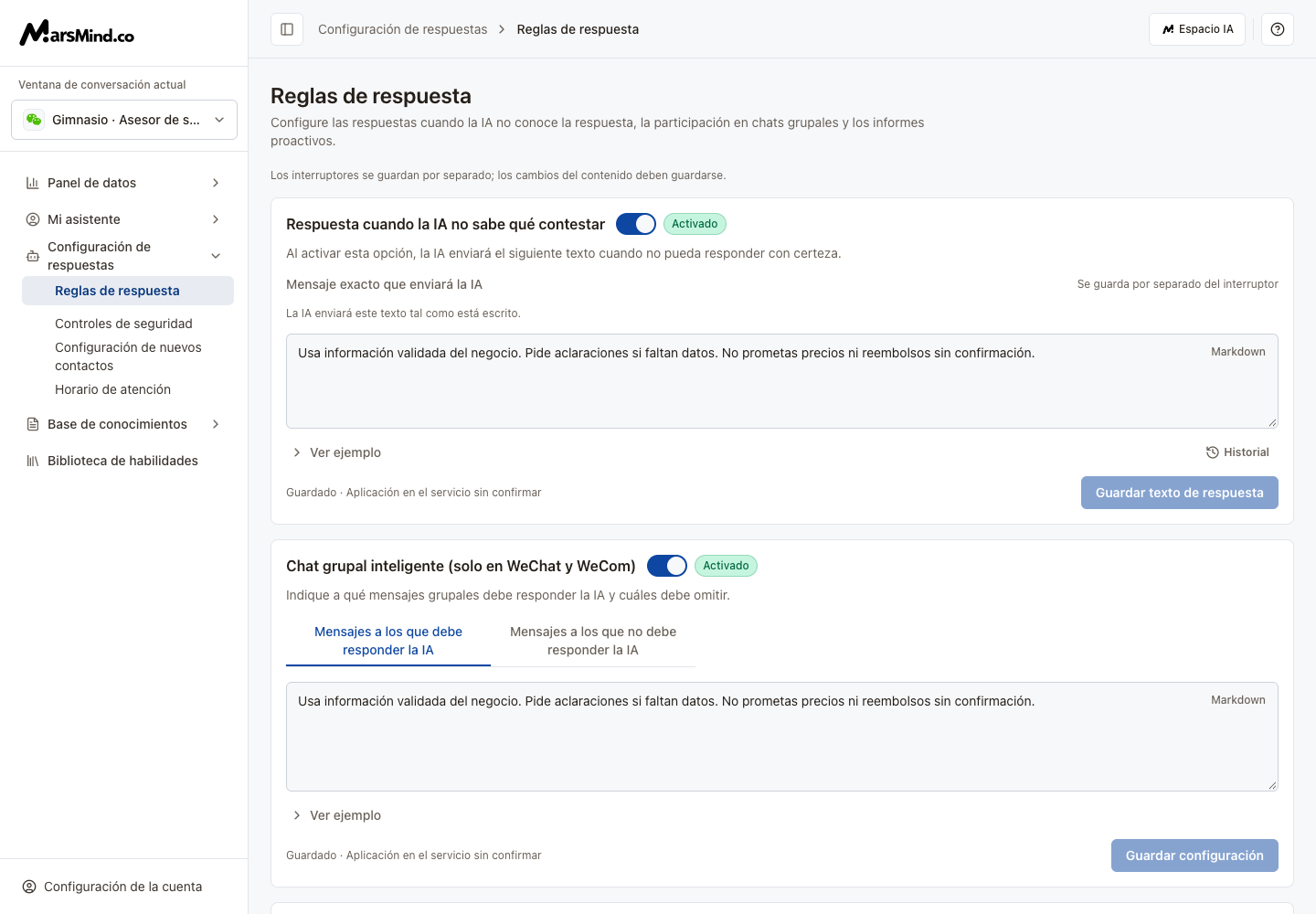 Reglas de respuesta: texto fijo, grupos e informes