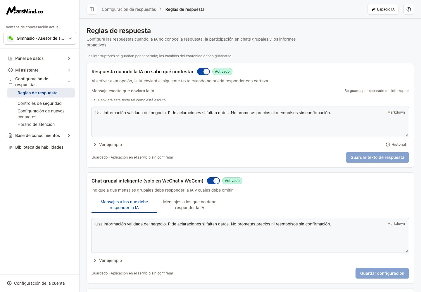 Reglas de respuesta: texto fijo, grupos e informes