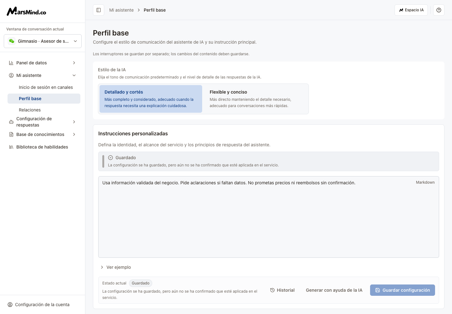 Persona base: estilo de IA, instrucciones, contexto y prompts derivados
