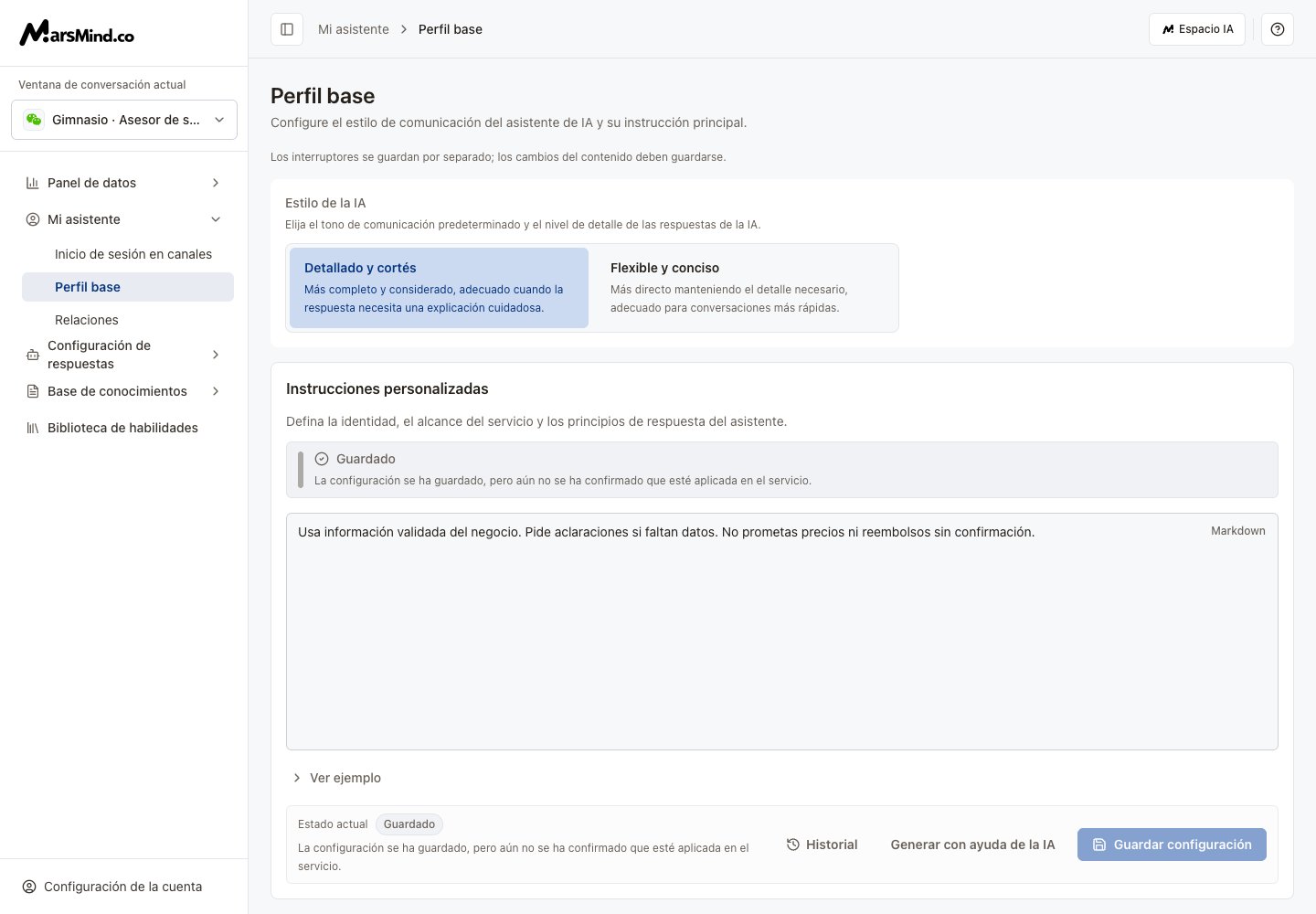 Persona base: estilo de IA, instrucciones, contexto y prompts derivados