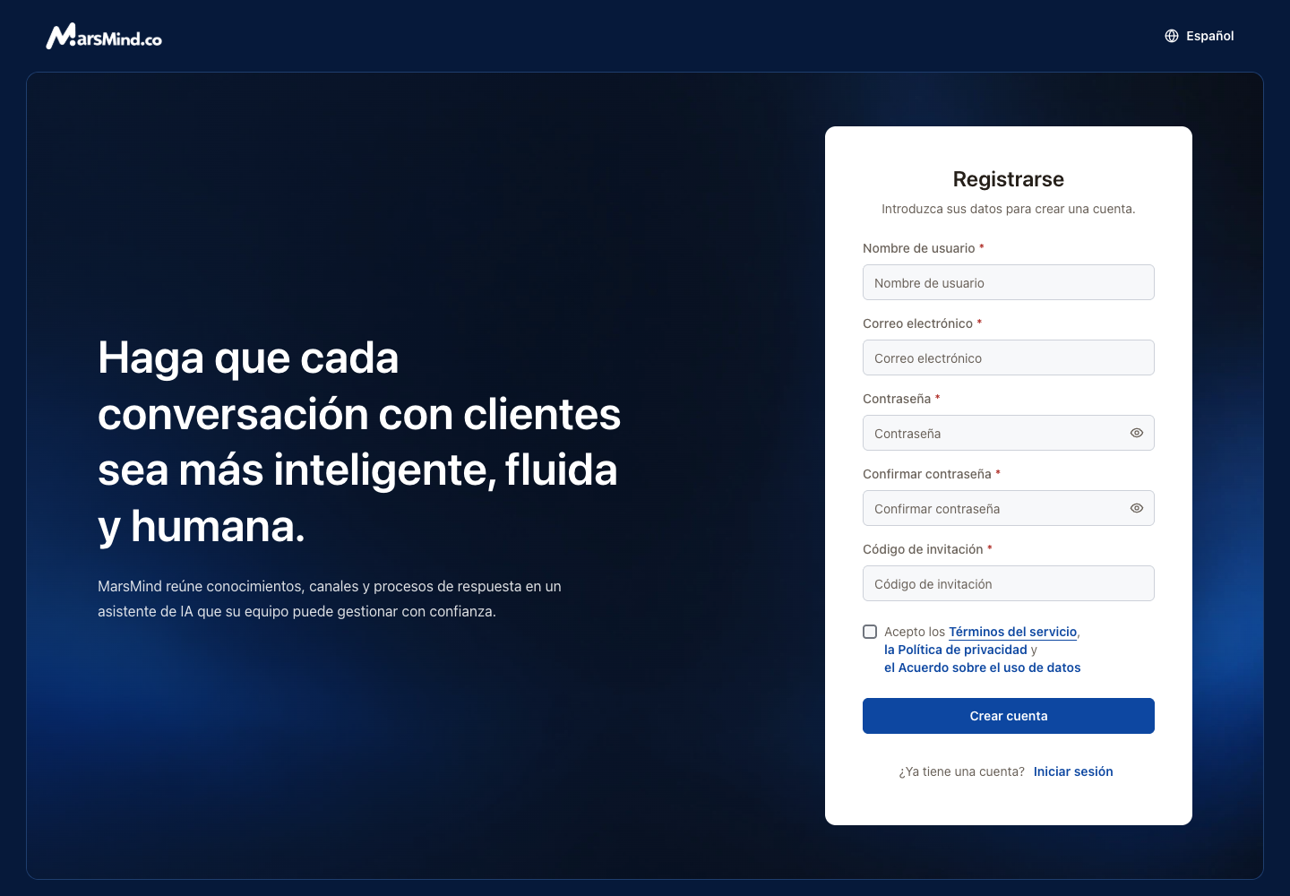 Registro en español: usuario, correo, contraseña, invitación y acuerdos