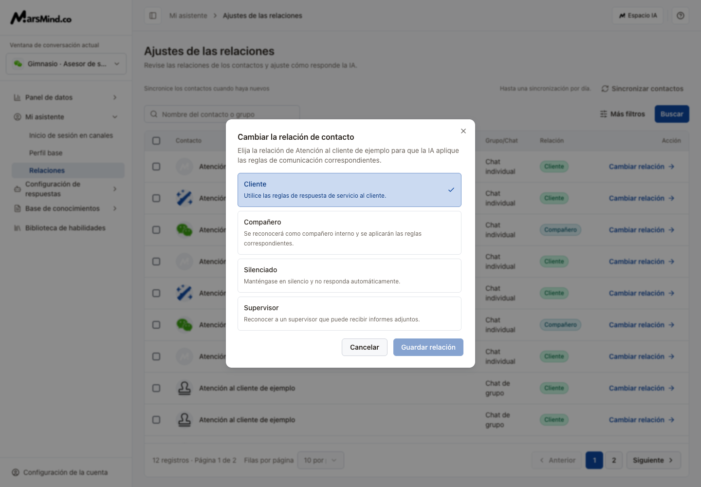 Editor de relaciones en español: selección de rol y guardado