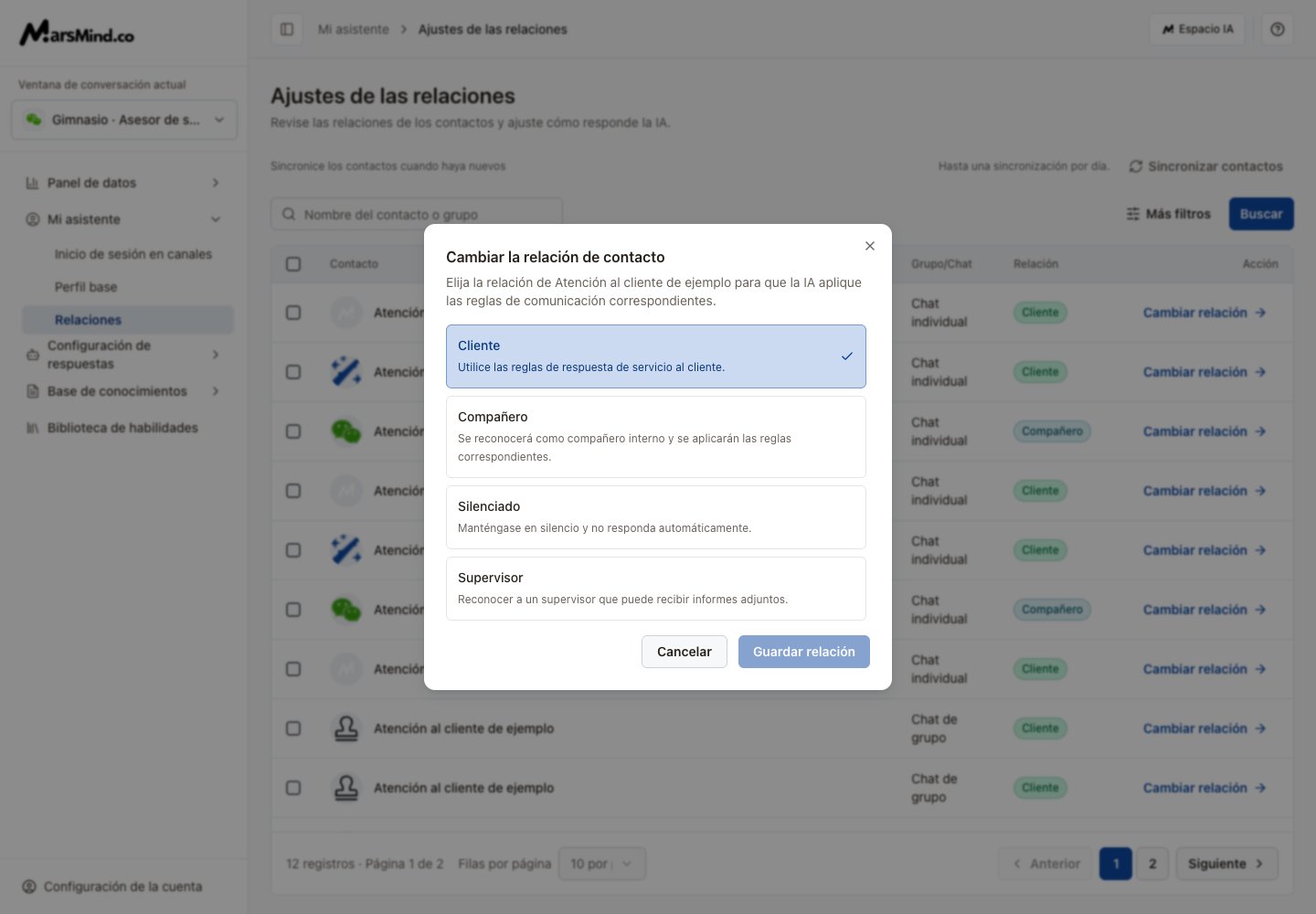 Editor de relaciones en español: selección de rol y guardado