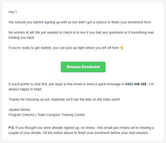 Form abandonment email example