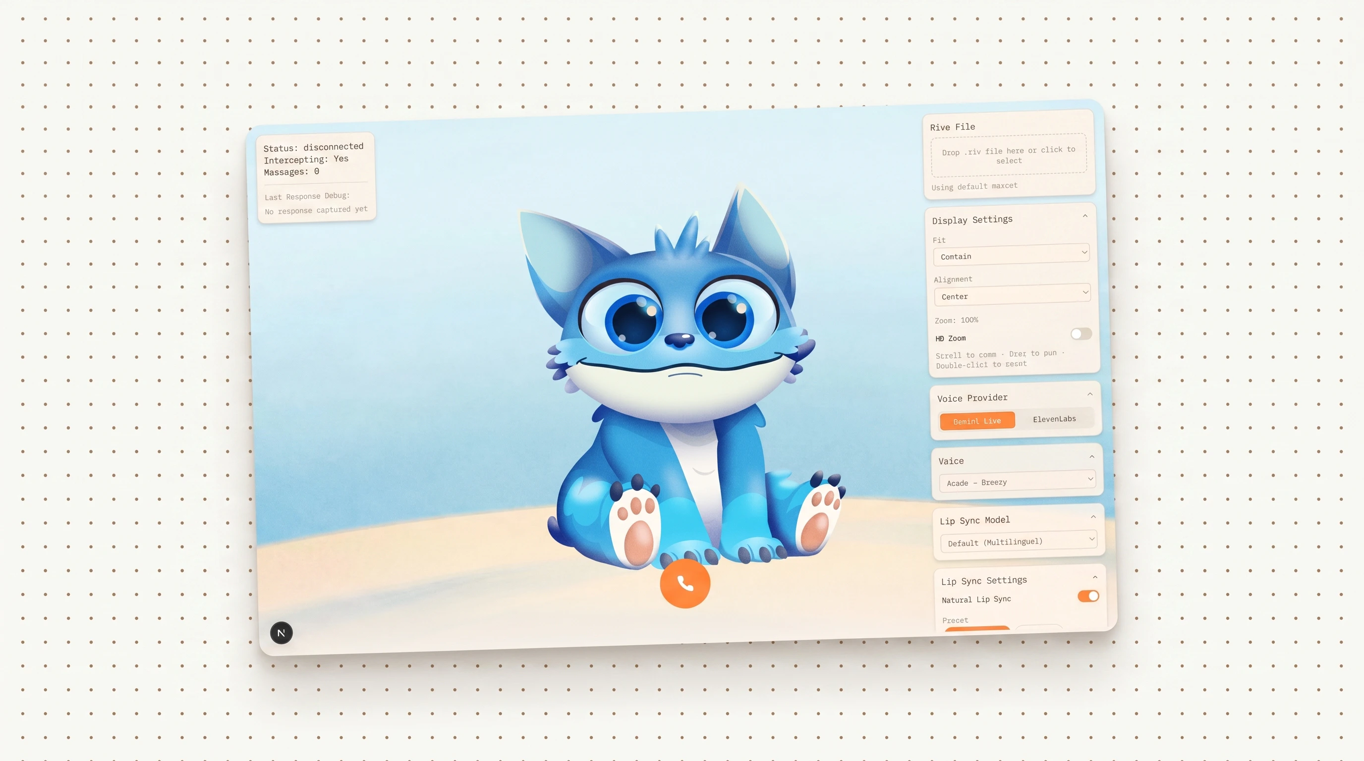 The /lipsync-test page rendered as a tilted editorial product shot on a warm cream canvas with a subtle dot grid — a friendly cartoon blue cat mascot sits centered on a sandy beach under a blue sky, flanked on the right by a vertical stack of cream settings panels for Rive File, Display Settings, Voice Provider (Gemini Live / ElevenLabs), Voice, Lip Sync Model, and Lip Sync Settings
