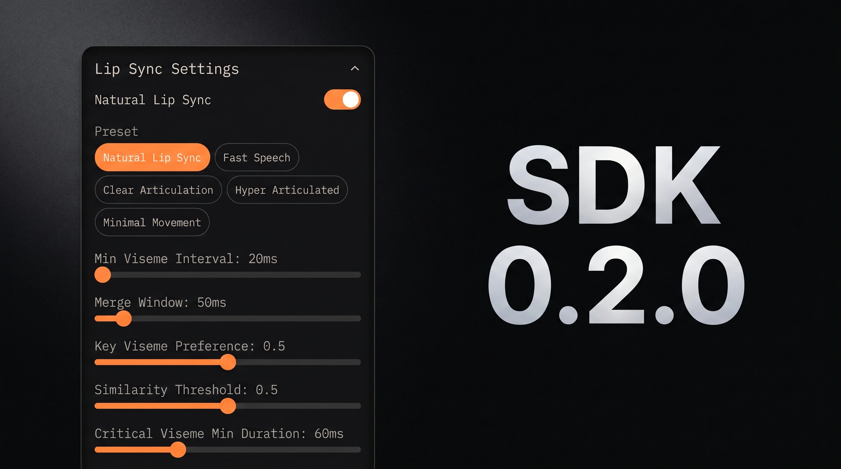 A two-column release-card composition on a dark canvas — left, a real cream-colored Lip Sync Settings panel with the Natural Lip Sync toggle on, the Natural Lip Sync preset active, and five orange-tracked sliders for Min Viseme Interval, Merge Window, Key Viseme Preference, Similarity Threshold, and Critical Viseme Min Duration; right, a huge metallic-white wordmark reading SDK 0.2.0 on two lines