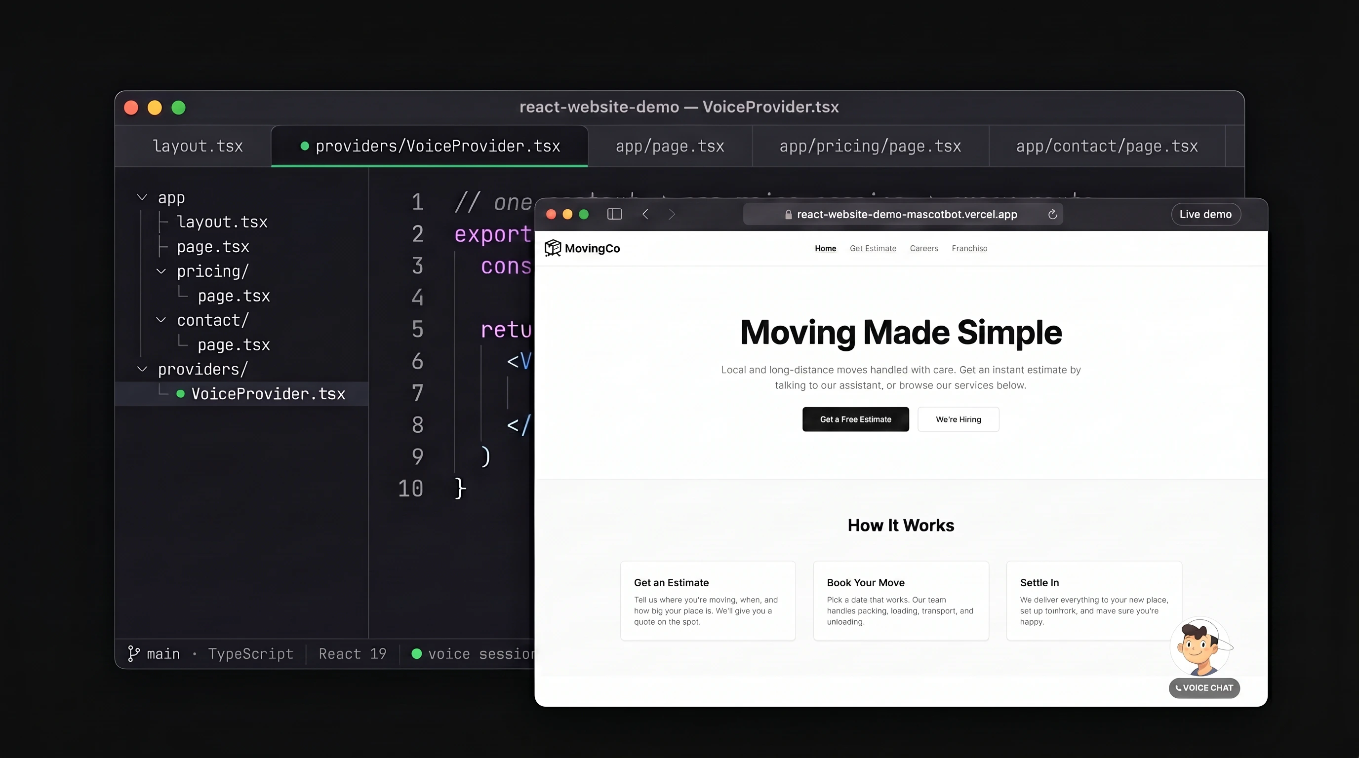 Two layered windows on a dark canvas — behind, a VS Code–style editor showing the react-website-demo template's VoiceProvider.tsx with its tab strip, sidebar file tree, and status bar; in front, a Safari-style browser window rendering the live MovingCo "Moving Made Simple" page with the voice-chat mascot in the bottom-right — code and live preview side-by-side