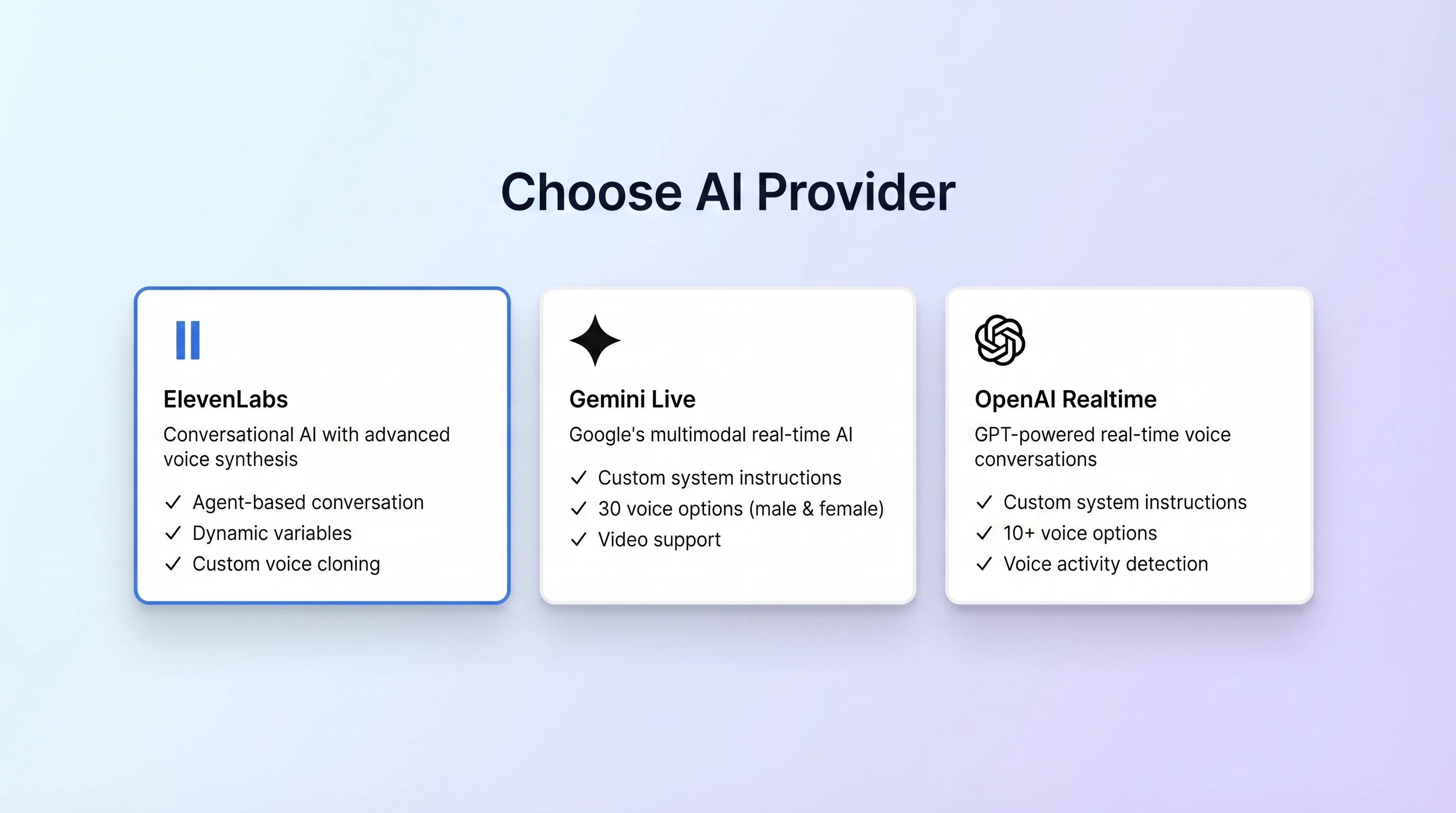 Provider selector showing ElevenLabs, Gemini Live, and OpenAI Realtime cards in the agent creation wizard